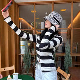 Women Long Sleeve Shirt Stripes Cardigan Hooded Coat Top