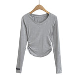 Women T-Shirt Waist Pleated Design V-neck Bottoming Shirt Women's Autumn