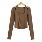 Women T-Shirt Halter U-Neck Long-Sleeved Fitted Short T-shirt
