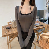 Women Long Sleeve Shirt Long Sleeve Vest Camisole Sexy Spring