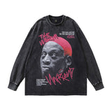 Men Long Sleeve Shirt Rodman Graffiti Printing Washed Long Sleeve Bottoming T-shirt for Men and Women