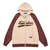 Men Hoodie Color-Block Raglan Sleeves Hooded Sweater Men's Spring and Autumn Leisure Letter Embroidered Zipper Jacket
