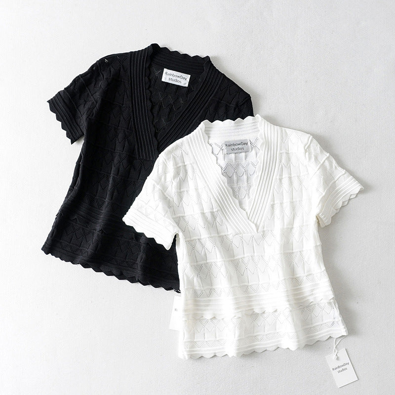 Women T-Shirt Spring/Summer V-neck Short-Sleeved Knitted Bottoming Shirt T-shirt