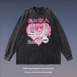 Men Long Sleeve Shirt Cartoon Printed Distressed Long Sleeve T-shirt Men and Women Retro