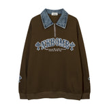 Men Hoodie Letter Patch Embroidered Lapel Sweatshirt