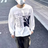 Men T-shirts Antique Washed Old Graffiti Loose Crew Neck Long Sleeve T-Shirt