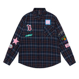 Men's Long Sleeve T Shirt Plaid Shirt Men's Embroidered Letter Long Sleeve Lapel Loose Shirt