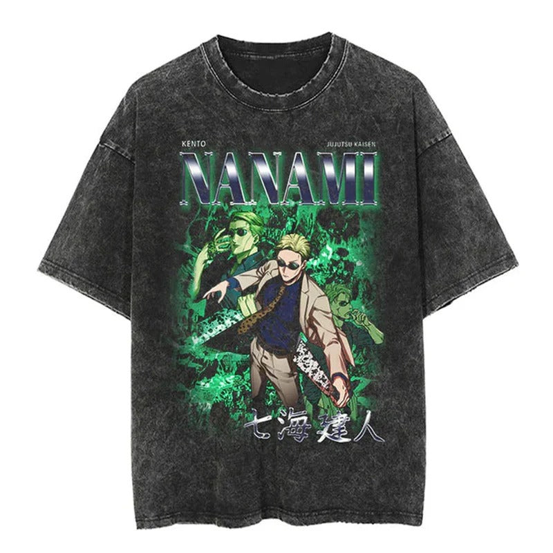 Hip Hop Streetwear Japanese Anime Graphic T Shirt Washed