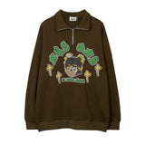 Men Hoodie Cartoon Character Puff Print Lapel Sweater Loose Half Zipped Stand Collar Pullover