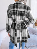 Plaid Trench Coat Casual Contrast Color Plaid Long-Sleeved Woolen Coat