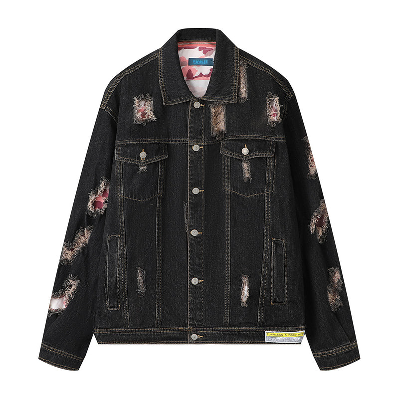 Men Denim Jacket Men's Loose Hole Denim Camouflage Coat