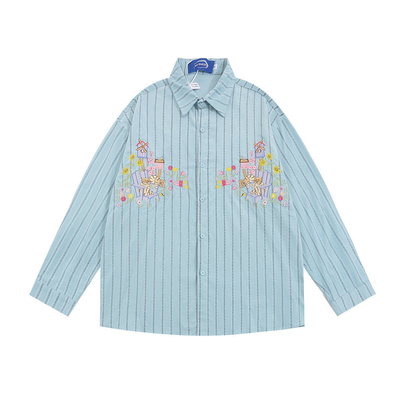 Men Long Sleeved T Shirt Cartoon Vertical Striped Long Sleeve Shirt Boys Casual Loose Lapels Shirt Ins Spring and Autumn
