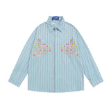 Men Long Sleeved T Shirt Cartoon Vertical Striped Long Sleeve Shirt Boys Casual Loose Lapels Shirt Ins Spring and Autumn