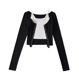 Women T-shirt Fall V-neck Slim Fit Short Small Sling Cardigan Suit