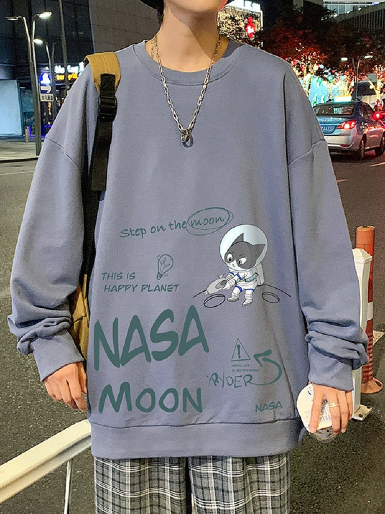 Men Hoodie Long Sleeve T-shirt Men Hong Kong Style Ins Hip Hop Loose round Neck