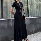 Women Sweater Dress Short Sleeve Lapel Knitted Dress Female Mid-Length Dress