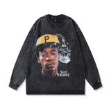 Men Long Sleeve Shirt Fun Printing Washed and Worn Long Sleeve T-shirt Men and Women Hip Hop