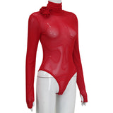 Women Jumpsuit Turtleneck Long Sleeve Mesh Slim Fit Jumpsuit