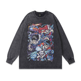 Men Long Sleeve Shirt Japanese Cartoon Anime Print Vintage Long Sleeve T-shirt Men and Women Washed Distressed