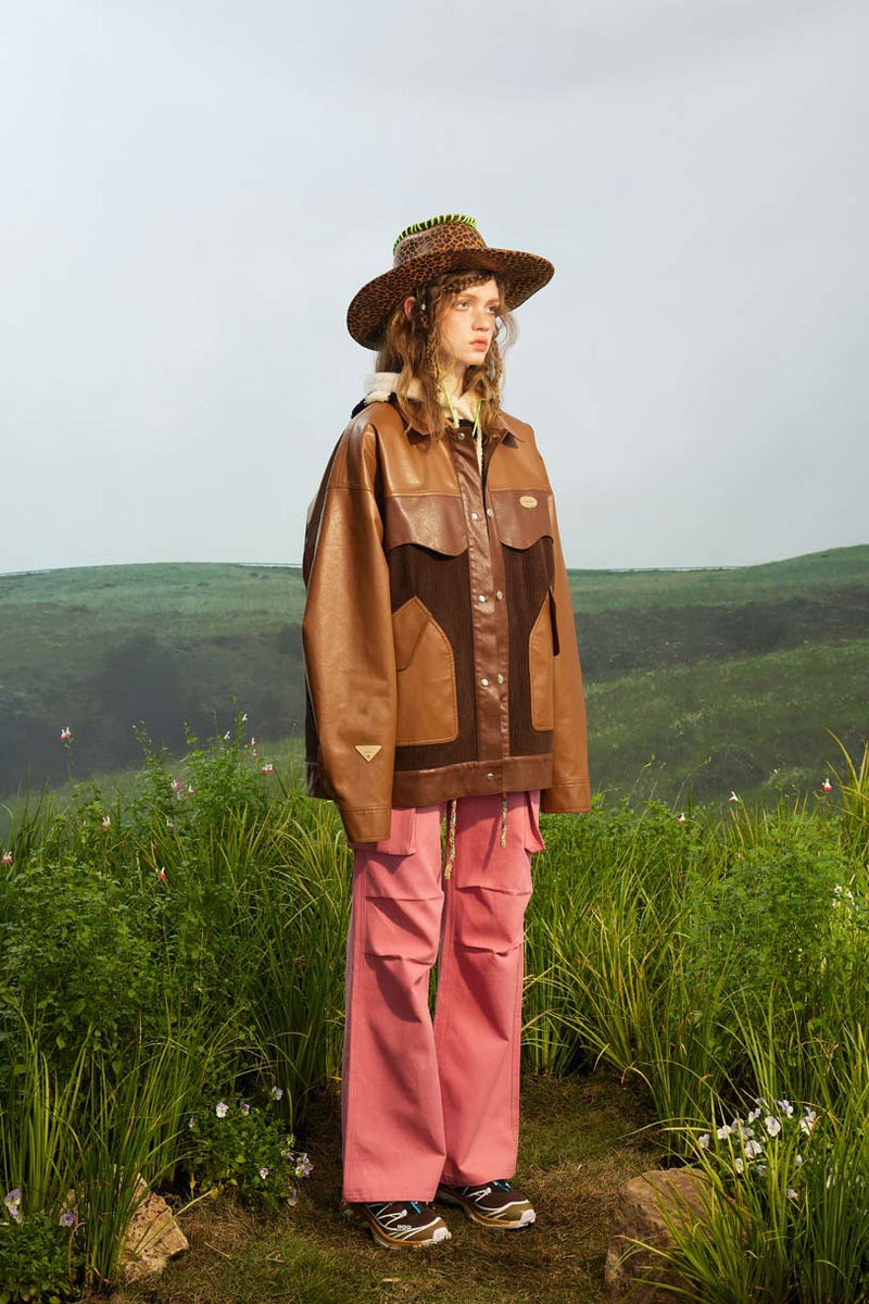Unisex Jacket Autumn Three-Color Stitching Pu Coat Women's Clothing