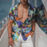Men Shirt Summer Retro Printed Shirt Men's Short Sleeve Lapel Shirt