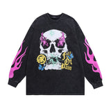 Men Long Sleeve Shirt Skull Flame Distressed Washed Long Sleeve T-shirt for Men and Women