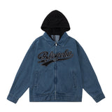 Men Denim Jacket Stitching Contrast Color Hooded Denim Coat Men's Clothing Spring and Autumn Embroidery Letters