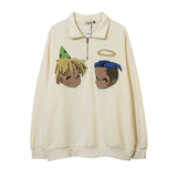 Men Hoodie Hip Hop Letter Print Sweatshirt Men's Lapel Pullover Zipped Stand Collar Cartoon Top