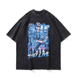 Men T Shirt Vintage Printed Casual Loose round Neck Washed and Worn T-shirt