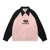 Men Hoodie Color-Block Raglan Sleeves Lapel Pullover Sweater