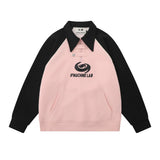 Men Hoodie Color-Block Raglan Sleeves Lapel Pullover Sweater