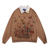Men Hoodie Flower Printed Pullover Sweatshirt Men's Hip Hop Contrast Color Lapels Top