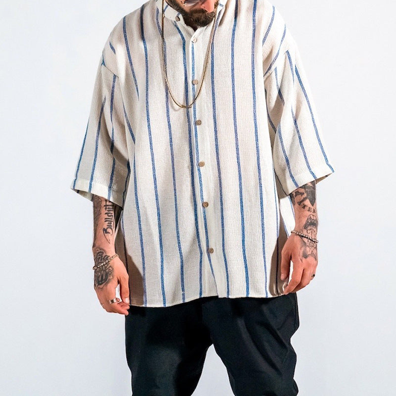 Men Shirt Casual Men's Stand Collar Striped Loose