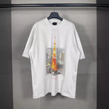 Men T-shirts Tokyo Tower Printed Washed Old Short Sleeves Loose Casual