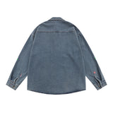 Men Long Sleeved T Shirt Cartoon Embroidered Washed Denim Shirt Coat Spring and Autumn Loose Long Sleeve Shirt