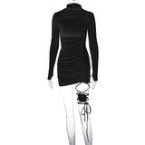 Women Dresses Winter Suede Drawstring Long Sleeve Narrow Dress