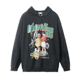 Men Hoodie Cartoon Print Hooded Pullover Hip Hop Loose Worn Washed and Worn Hoodie