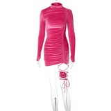 Women Dresses Winter Suede Drawstring Long Sleeve Narrow Dress