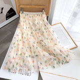 Women Skirt Printed Floral Gauzy Skirt High Waist