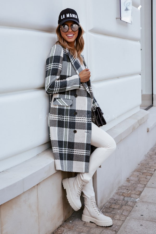 Plaid Trench Coat Fashion Plaid Woolen Coat Overcoat Women