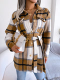 Plaid Trench Coat Casual Contrast Color Plaid Long-Sleeved Woolen Coat