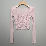 Women Long Sleeve Shirt Short V-neck Base Shirt Solid Color Slim Fit