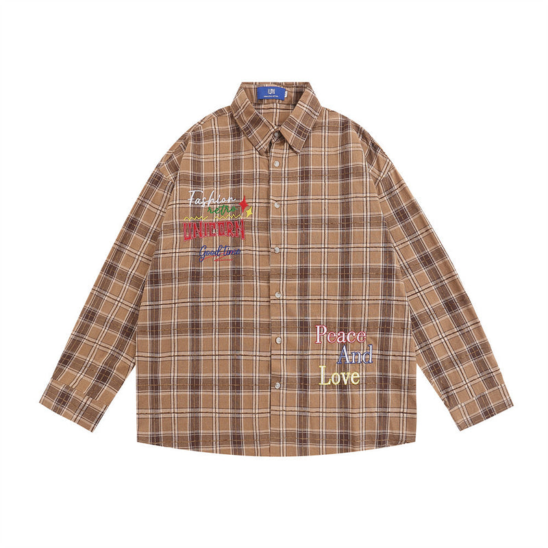 Men Long Sleeved T Shirt Loose Plaid Long Sleeve Shirt Men Casual Embroidery Letter Vintage Shirt