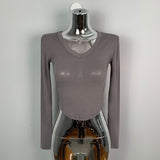 Women Long Sleeve Shirt V-neck Short Tight Long Sleeve
