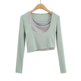 Women T-Shirt Long-Sleeved T-shirt Women's Short Contrast Color Top