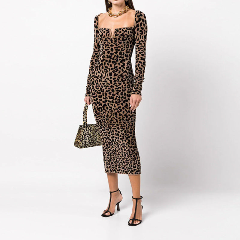 Women Desses Printed Square Collar Long Sleeve Narrow Long Dress