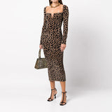 Women Desses Printed Square Collar Long Sleeve Narrow Long Dress