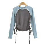 Women T-shirt Color Contrast Patchwork Drawstring Long Sleeve Top O-neck Short
