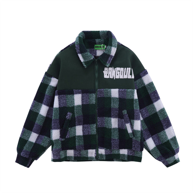 Men Cotton Mixed Jacket Coat Color-Contrast Check Coat Men's Clothing Autumn and Winter Warm-Keeping Cotton Clothing