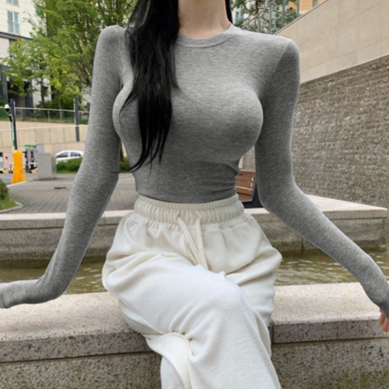 Women Long Sleeve Shirt O-neck Short Autumn and Winter Long Sleeve Bottoming Shirt